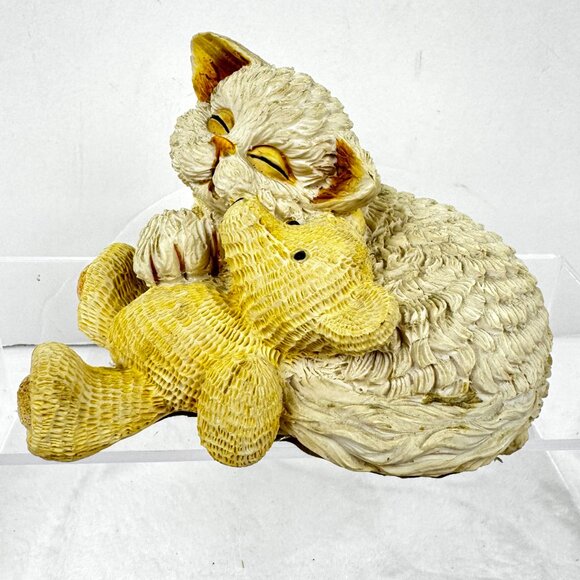 Sleeping Kitty Cat Hugging Teddy Bear 5.5" Beige Resin Figurine - Picture 2 of 12